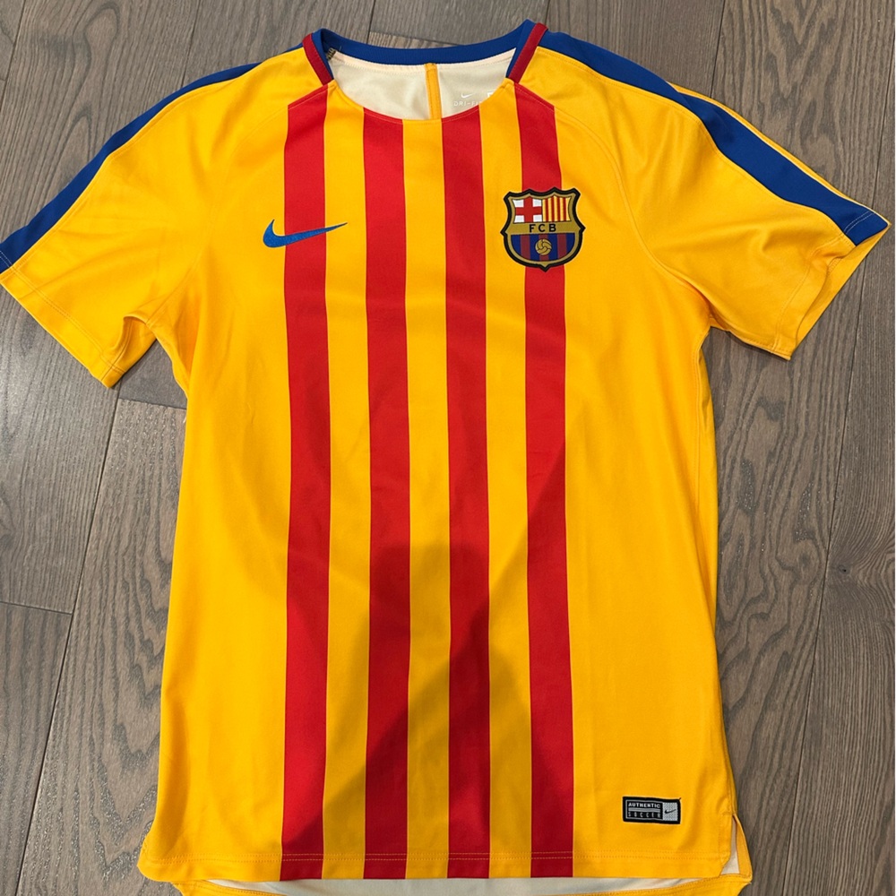 Nike Men’s Barcelona Yellow Red Striped Soccer Top with Blue Accents